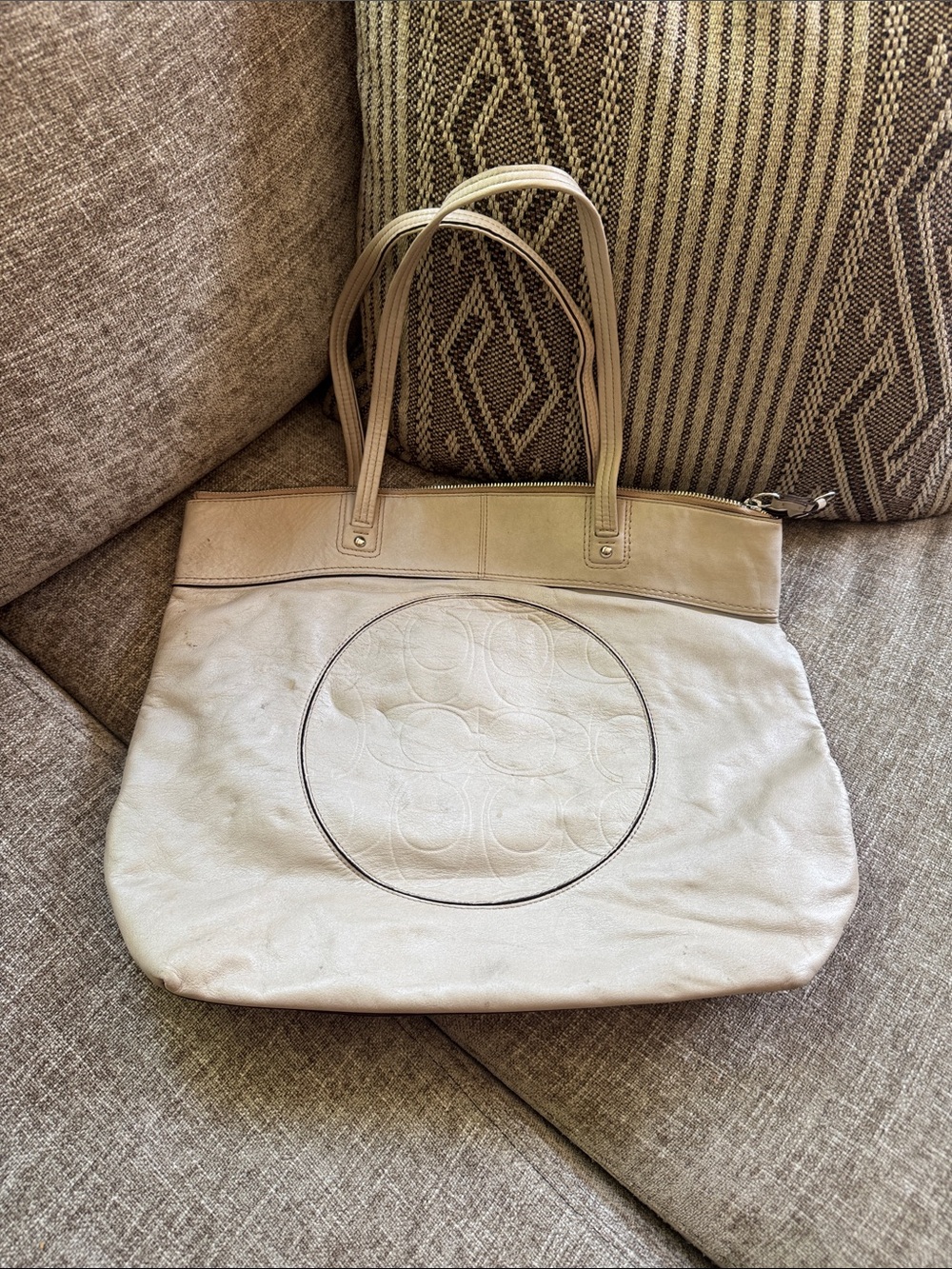 Coach Cream Leather Tote with Signature Circular Emboss